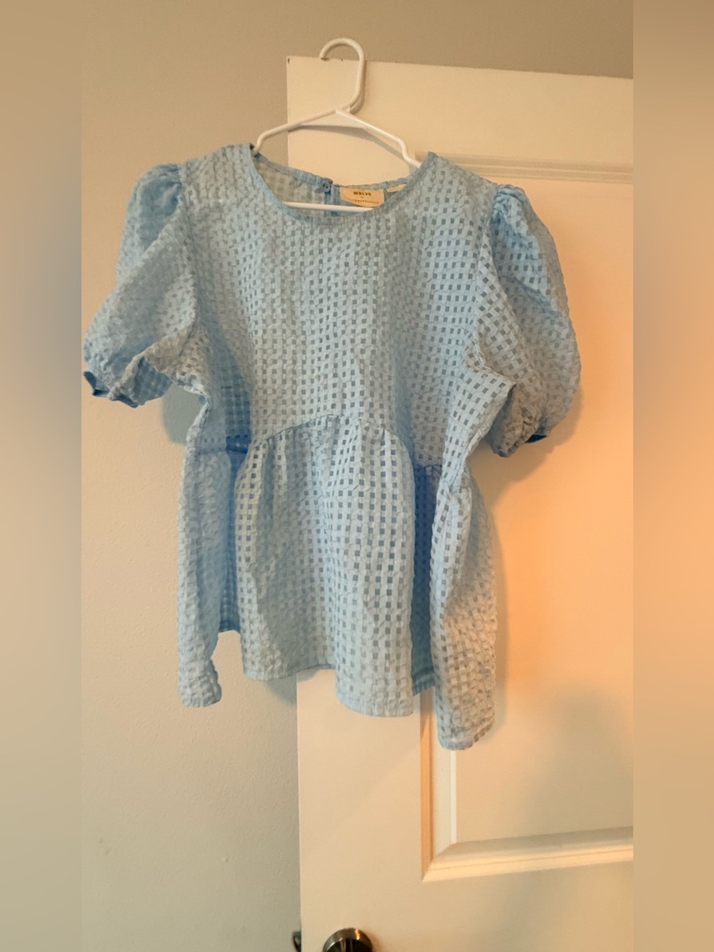 Anthropologie Maeve Light Blue Checkered Peplum Top